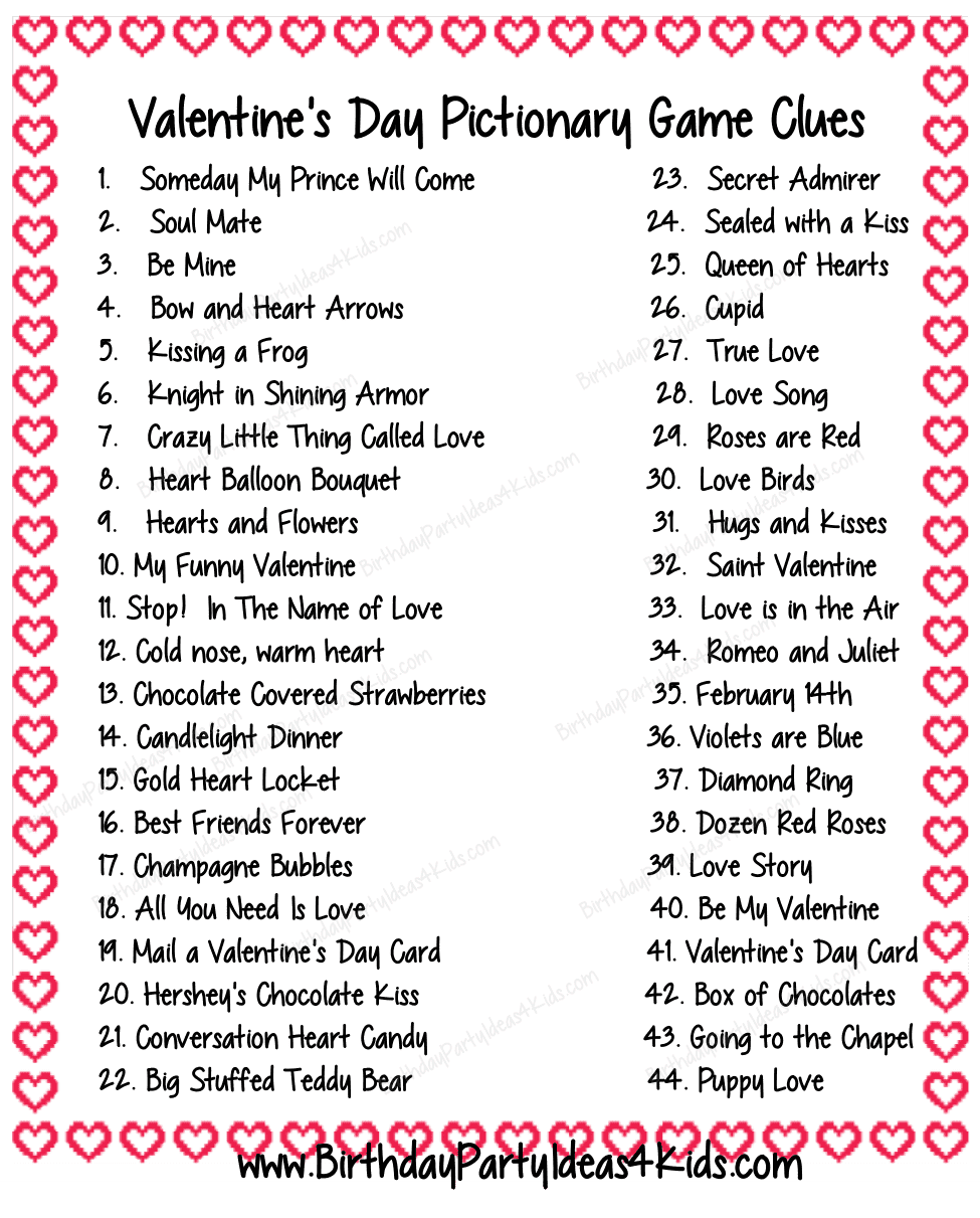 Valentine's Day list of game clues for pictionary